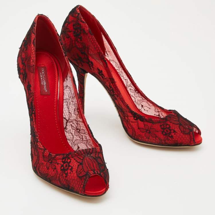 Pre Owned Dolce & Gabbana Red/Black Satin and Lace Peep Toe Pumps Size 38.5