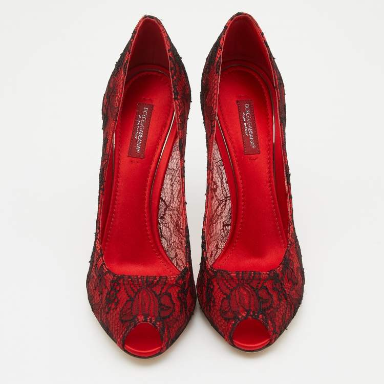 Pre Owned Dolce & Gabbana Red/Black Satin and Lace Peep Toe Pumps Size 38.5