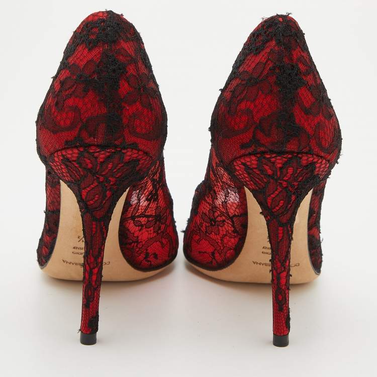 Pre Owned Dolce & Gabbana Red/Black Satin and Lace Peep Toe Pumps Size 38.5