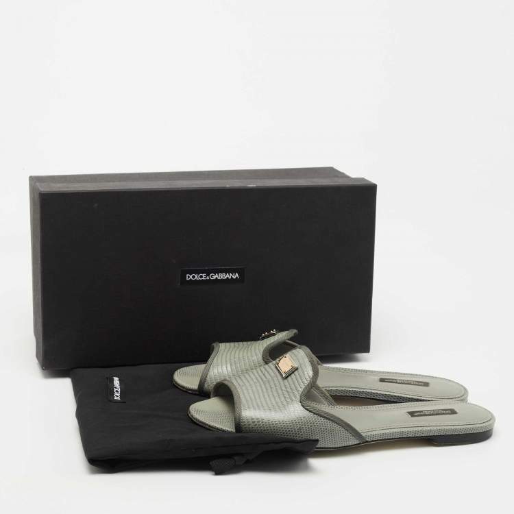 Pre Owned Dolce & Gabbana Grey Lizard Embossed Leather Sofia Slide Flats Size 39