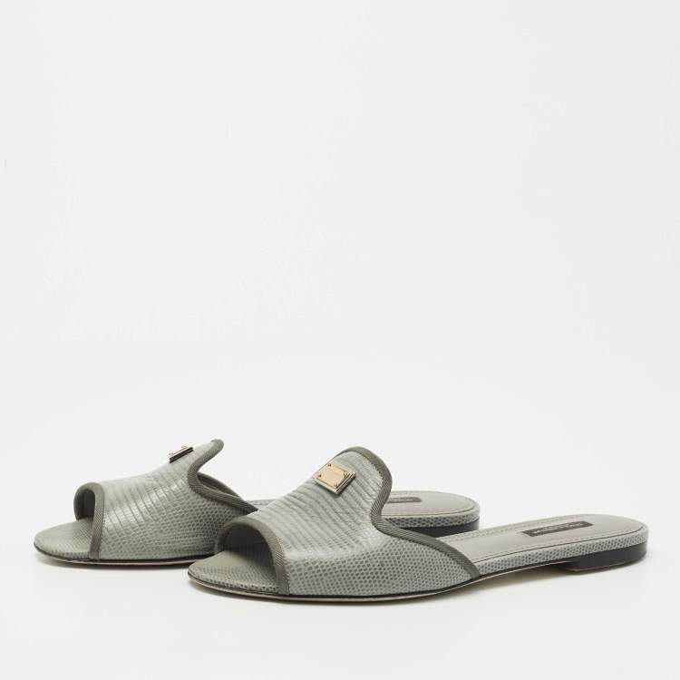 Pre Owned Dolce & Gabbana Grey Lizard Embossed Leather Sofia Slide Flats Size 39