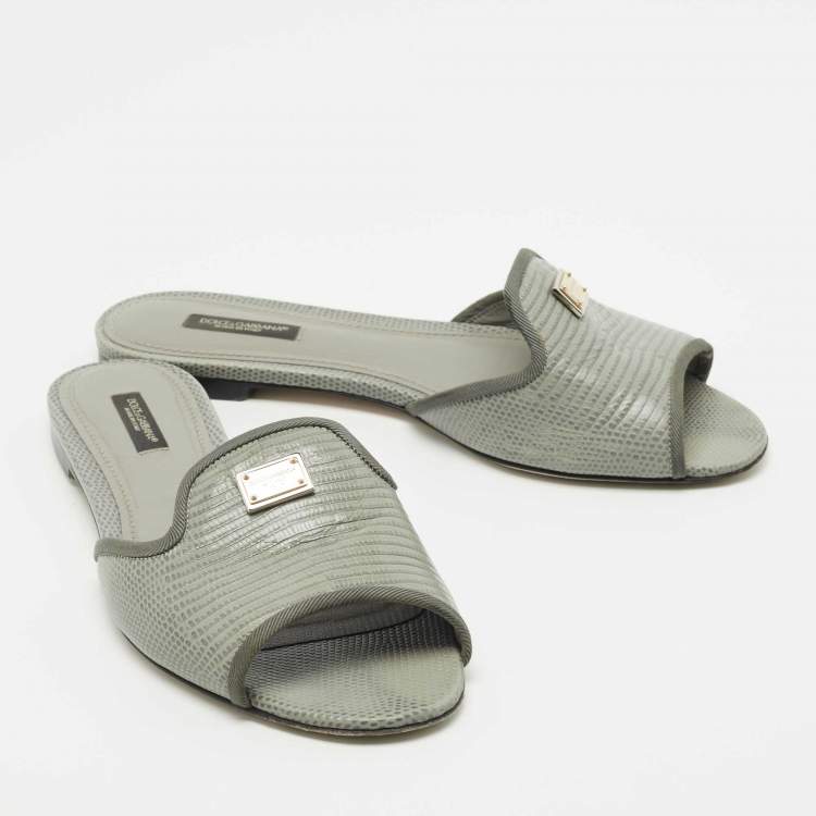 Pre Owned Dolce & Gabbana Grey Lizard Embossed Leather Sofia Slide Flats Size 39