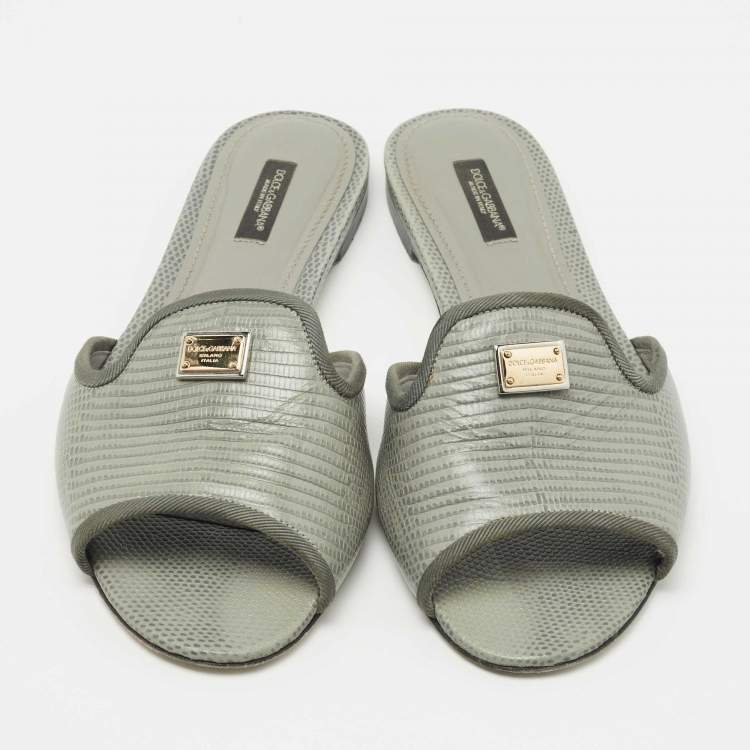 Pre Owned Dolce & Gabbana Grey Lizard Embossed Leather Sofia Slide Flats Size 39