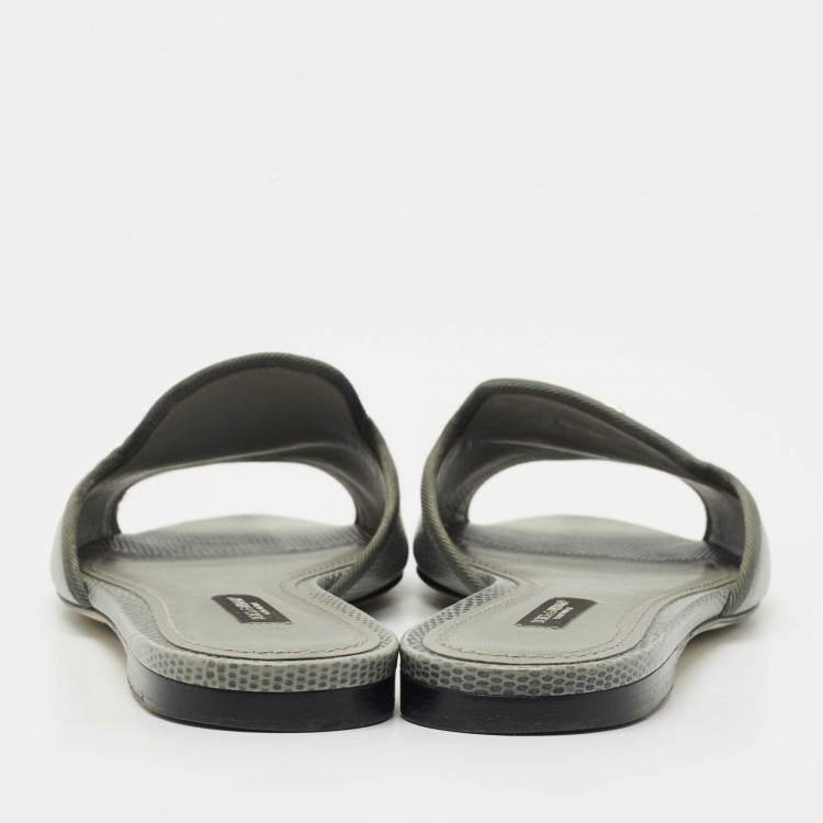 Pre Owned Dolce & Gabbana Grey Lizard Embossed Leather Sofia Slide Flats Size 39