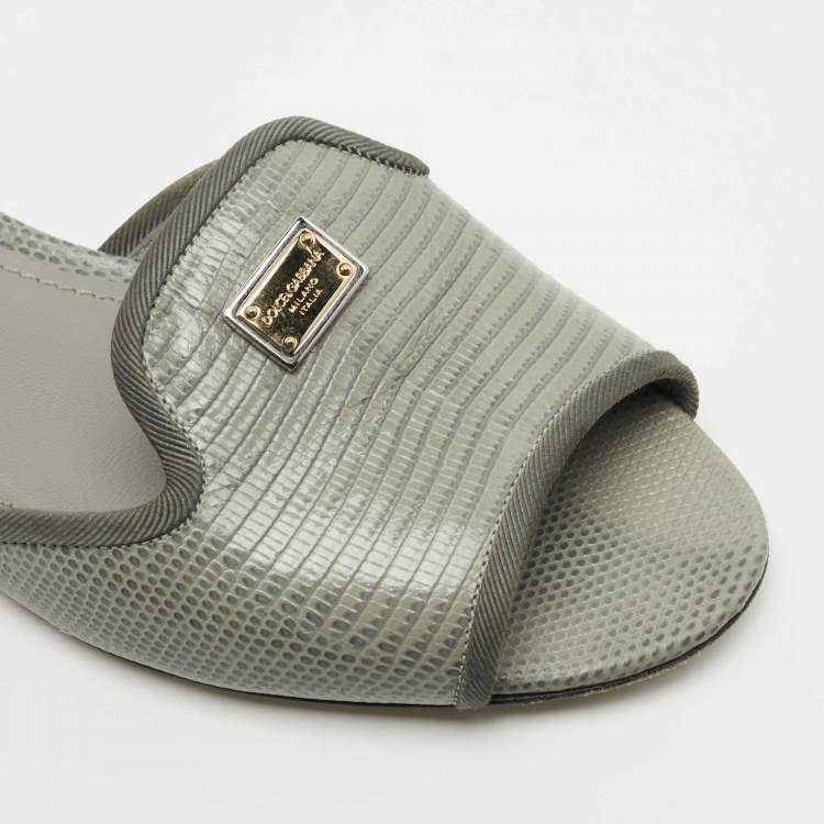 Pre Owned Dolce & Gabbana Grey Lizard Embossed Leather Sofia Slide Flats Size 39
