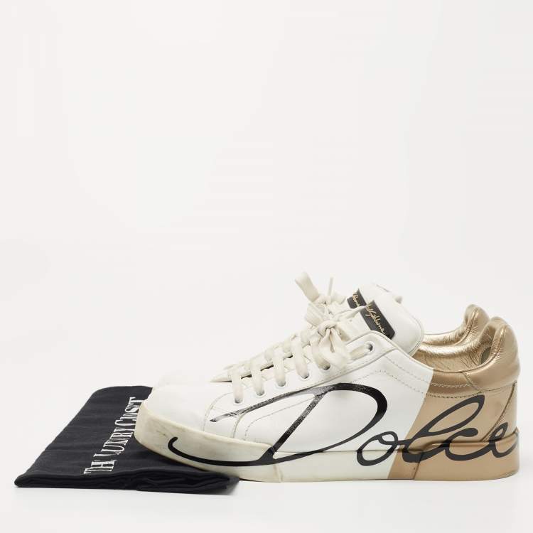 Pre Owned Dolce & Gabbana White/Gold Leather Portofino Sneakers Size 38