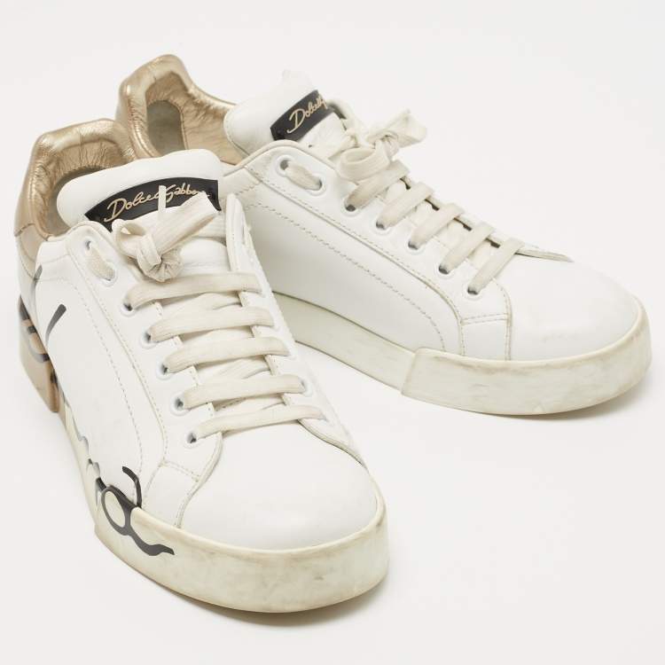 Pre Owned Dolce & Gabbana White/Gold Leather Portofino Sneakers Size 38