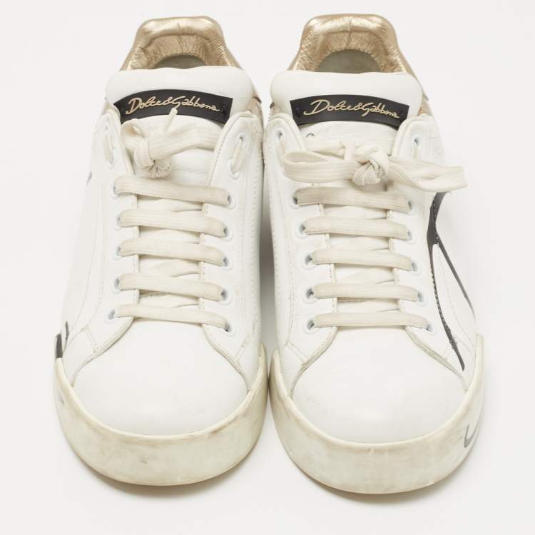 Pre Owned Dolce & Gabbana White/Gold Leather Portofino Sneakers Size 38