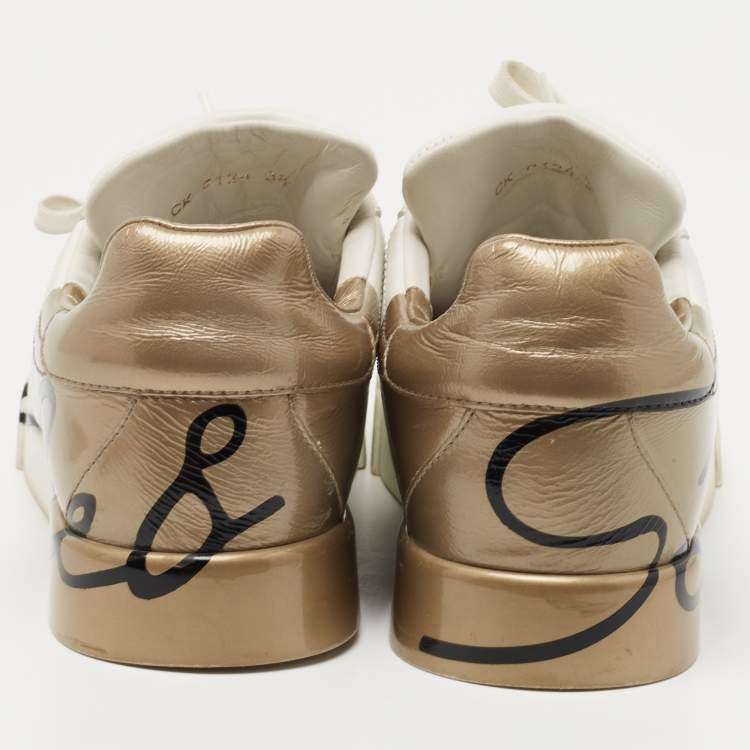 Pre Owned Dolce & Gabbana White/Gold Leather Portofino Sneakers Size 38