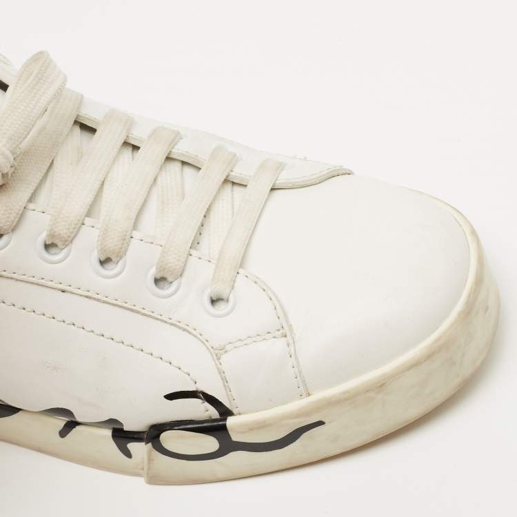 Pre Owned Dolce & Gabbana White/Gold Leather Portofino Sneakers Size 38