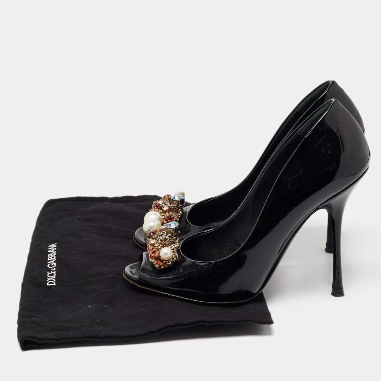 Pre Owned Dolce & Gabbana Black Patent Leather Crystal Embellished Peep Toe Pumps Size 37