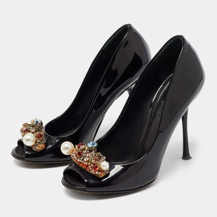 Pre Owned Dolce & Gabbana Black Patent Leather Crystal Embellished Peep Toe Pumps Size 37
