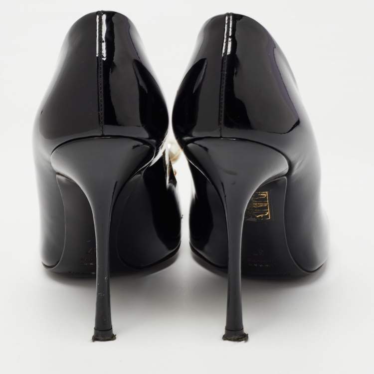 Pre Owned Dolce & Gabbana Black Patent Leather Crystal Embellished Peep Toe Pumps Size 37