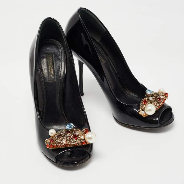 Pre Owned Dolce & Gabbana Black Patent Leather Crystal Embellished Peep Toe Pumps Size 37