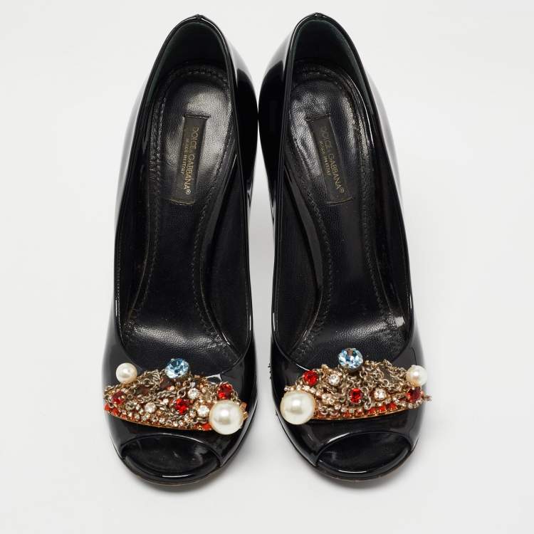 Pre Owned Dolce & Gabbana Black Patent Leather Crystal Embellished Peep Toe Pumps Size 37