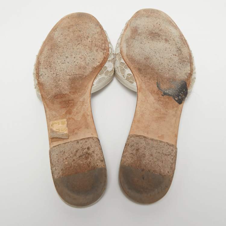 Pre Owned Dolce & Gabbana Light Grey Satin and Lace Crystal Embellished Flat Slides Size 40