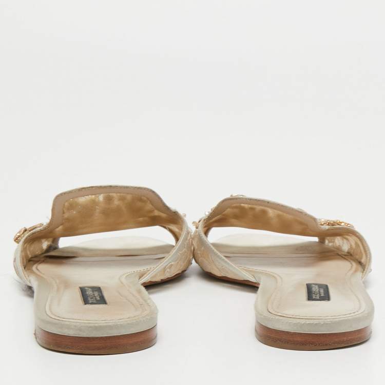 Pre Owned Dolce & Gabbana Light Grey Satin and Lace Crystal Embellished Flat Slides Size 40