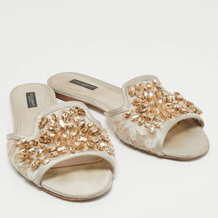 Pre Owned Dolce & Gabbana Light Grey Satin and Lace Crystal Embellished Flat Slides Size 40