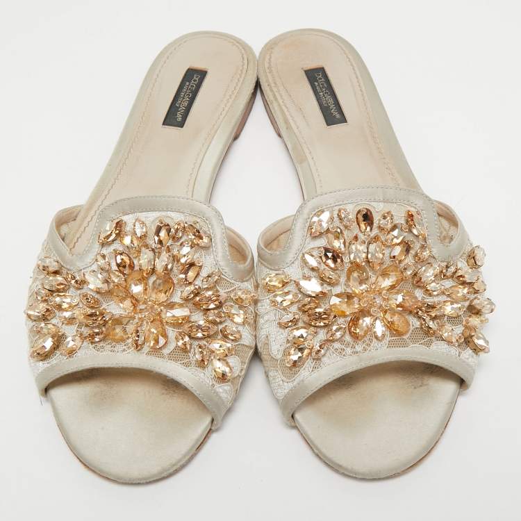 Pre Owned Dolce & Gabbana Light Grey Satin and Lace Crystal Embellished Flat Slides Size 40