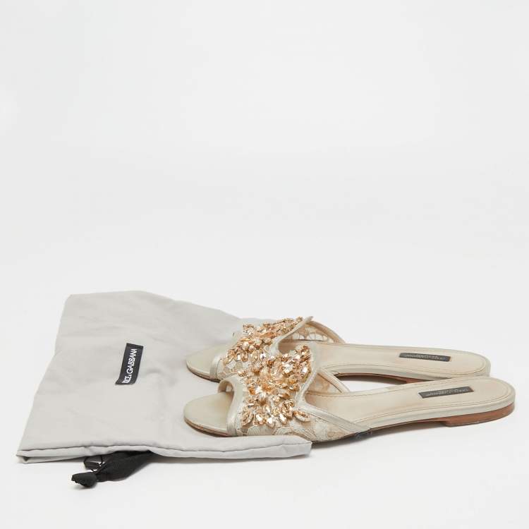 Pre Owned Dolce & Gabbana Light Grey Satin and Lace Crystal Embellished Flat Slides Size 40