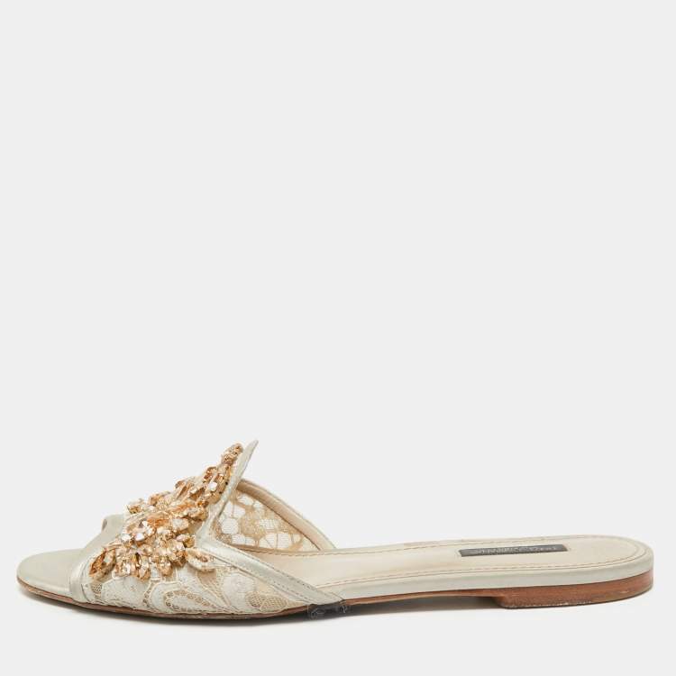 Pre Owned Dolce & Gabbana Light Grey Satin and Lace Crystal Embellished Flat Slides Size 40