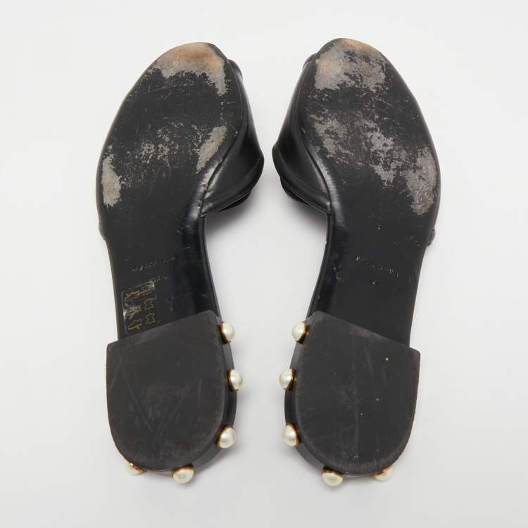 Pre Owned Dolce & Gabbana Black Leather DG Amore Logo Embellished Flat Slides Size 40.5 