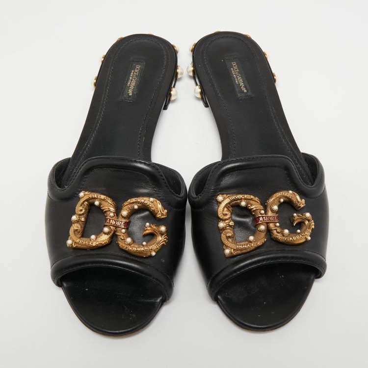 Pre Owned Dolce & Gabbana Black Leather DG Amore Logo Embellished Flat Slides Size 40.5 