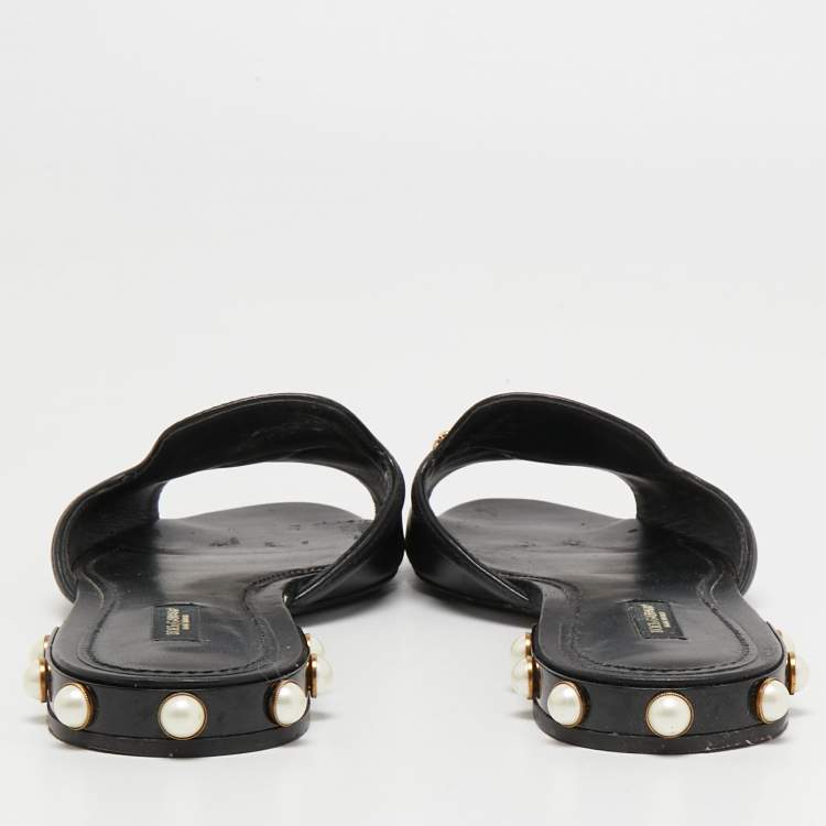 Pre Owned Dolce & Gabbana Black Leather DG Amore Logo Embellished Flat Slides Size 40.5 