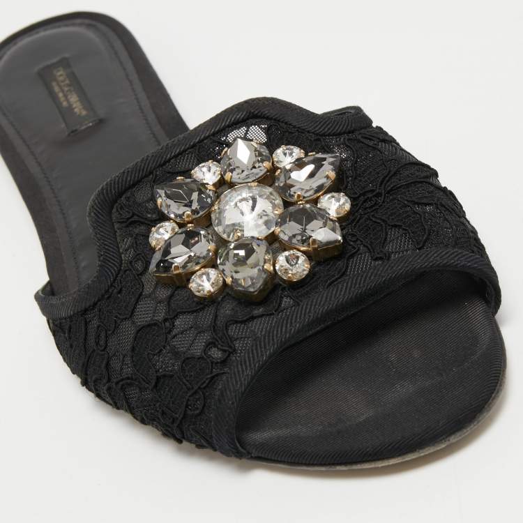 Pre Owned Dolce & Gabbana Black Lace Crystal Embellished Flat Slides Size 40.5