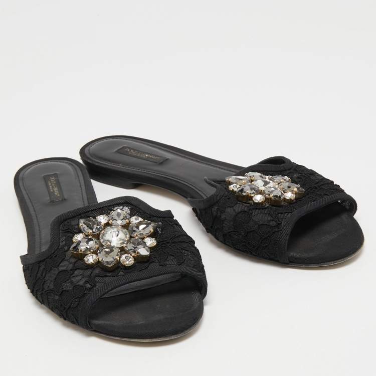 Pre Owned Dolce & Gabbana Black Lace Crystal Embellished Flat Slides Size 40.5