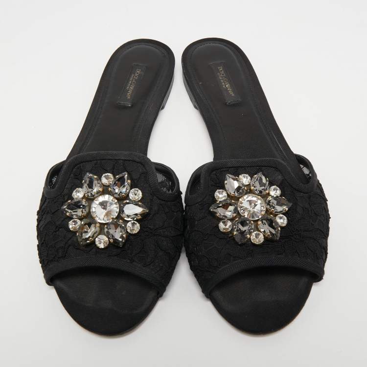 Pre Owned Dolce & Gabbana Black Lace Crystal Embellished Flat Slides Size 40.5
