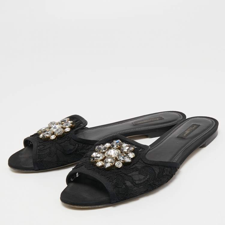 Pre Owned Dolce & Gabbana Black Lace Crystal Embellished Flat Slides Size 40.5