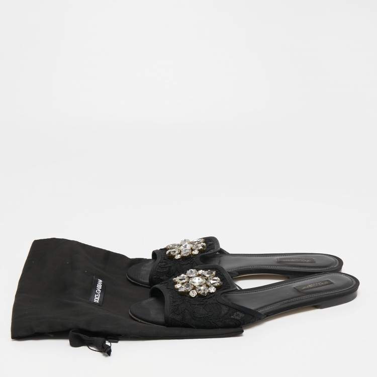 Pre Owned Dolce & Gabbana Black Lace Crystal Embellished Flat Slides Size 40.5