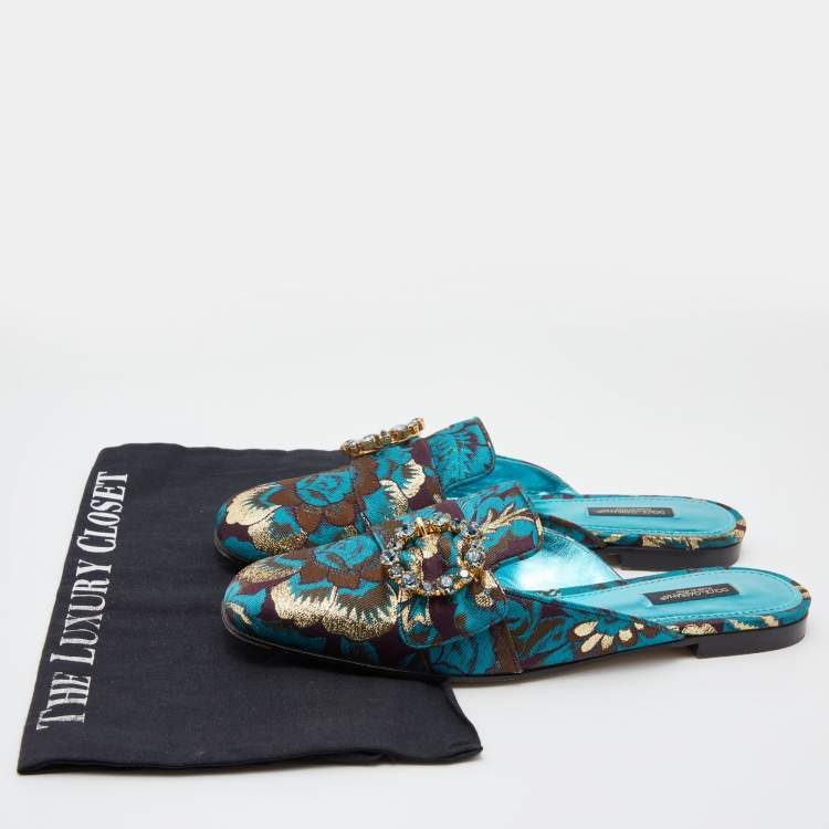 Pre Owned Dolce & Gabbana Blue/Brown Brocade Fabric Crystal Embellished Flat Mules Size 38.5