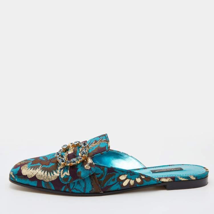 Pre Owned Dolce & Gabbana Blue/Brown Brocade Fabric Crystal Embellished Flat Mules Size 38.5
