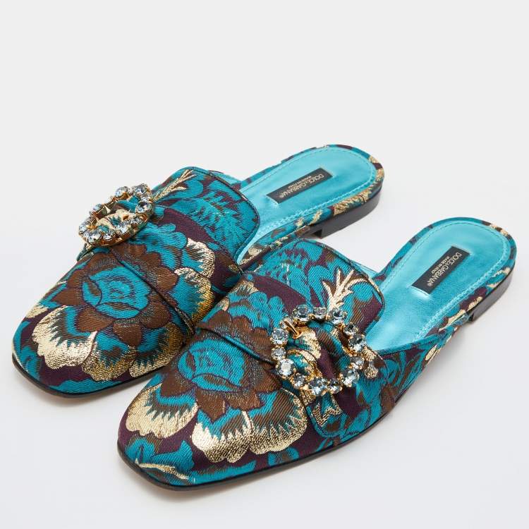 Pre Owned Dolce & Gabbana Blue/Brown Brocade Fabric Crystal Embellished Flat Mules Size 38.5