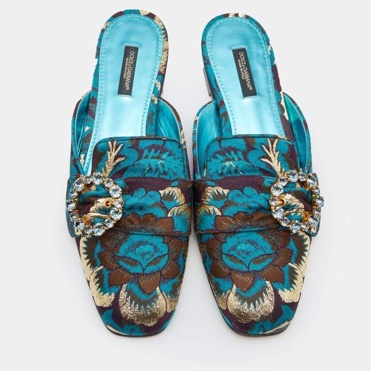 Pre Owned Dolce & Gabbana Blue/Brown Brocade Fabric Crystal Embellished Flat Mules Size 38.5