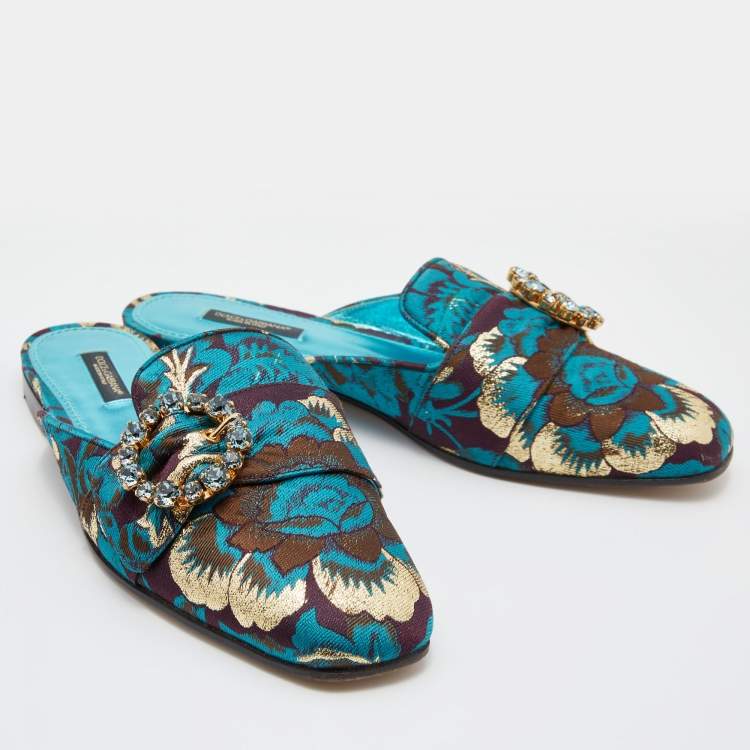 Pre Owned Dolce & Gabbana Blue/Brown Brocade Fabric Crystal Embellished Flat Mules Size 38.5