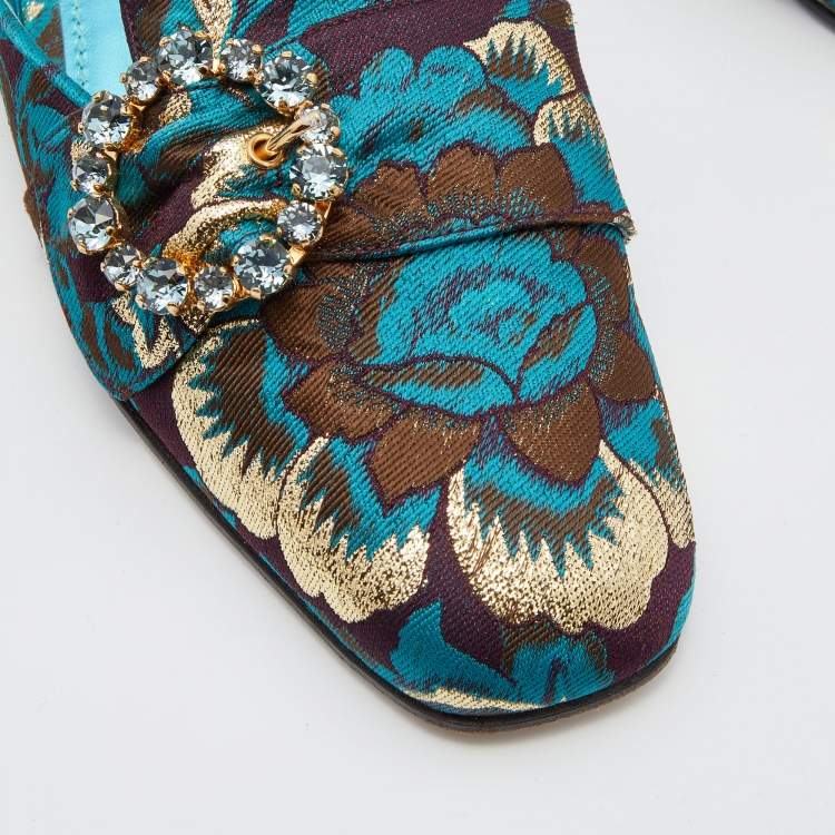 Pre Owned Dolce & Gabbana Blue/Brown Brocade Fabric Crystal Embellished Flat Mules Size 38.5