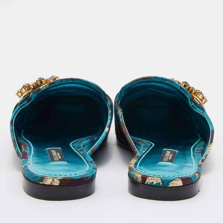 Pre Owned Dolce & Gabbana Blue/Brown Brocade Fabric Crystal Embellished Flat Mules Size 38.5