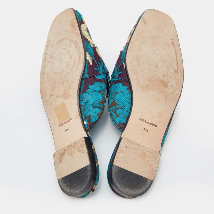 Pre Owned Dolce & Gabbana Blue/Brown Brocade Fabric Crystal Embellished Flat Mules Size 38.5
