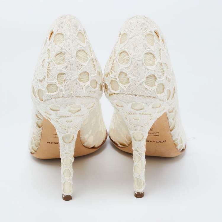 Pre Owned Dolce & Gabbana White Lace and Mesh Pointed Toe Pumps Size 36