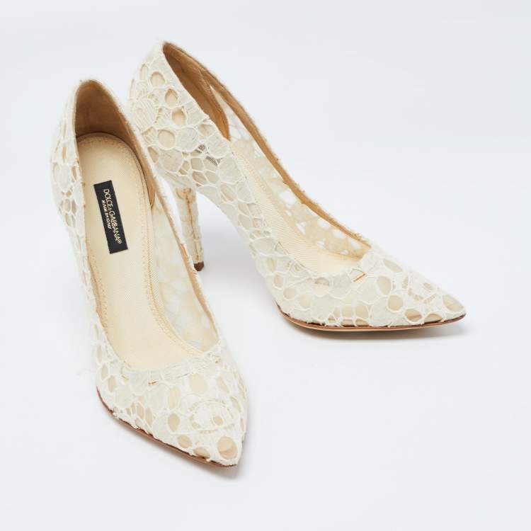 Pre Owned Dolce & Gabbana White Lace and Mesh Pointed Toe Pumps Size 36