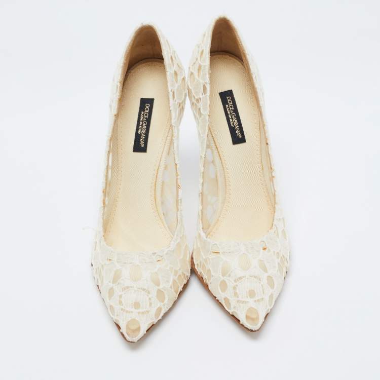 Pre Owned Dolce & Gabbana White Lace and Mesh Pointed Toe Pumps Size 36