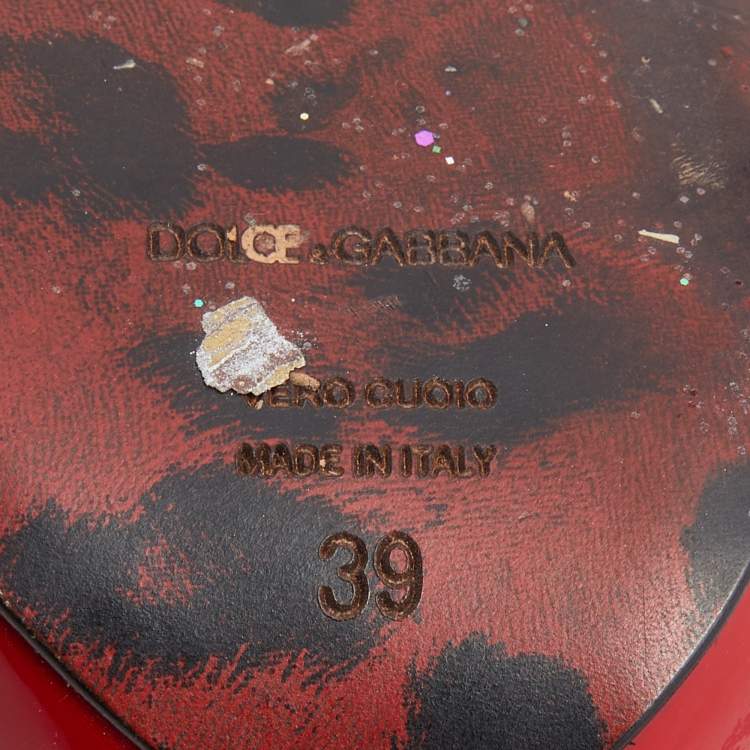 Pre Owned Dolce & Gabbana Red Leopard Print Patent Leather Platform Slide Sandals Size 39