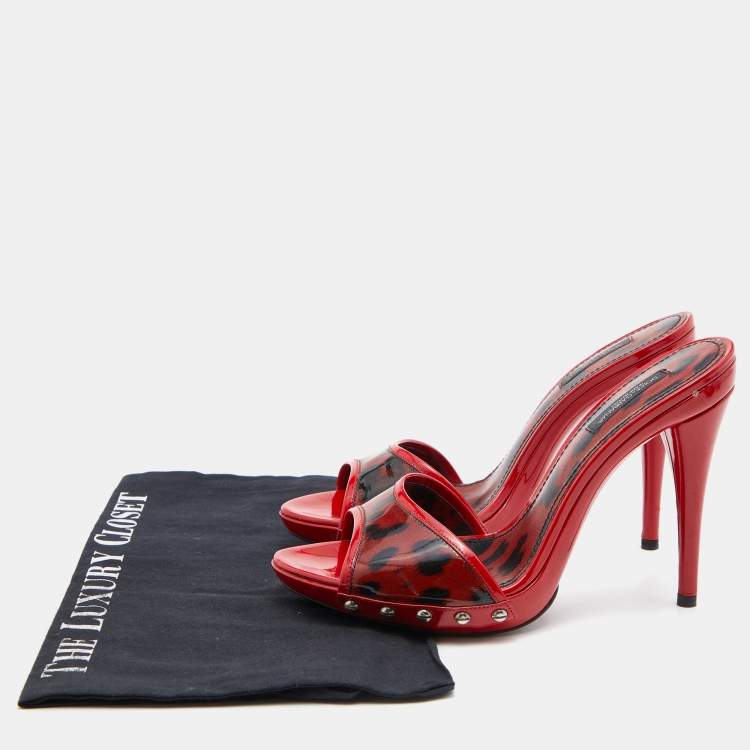 Pre Owned Dolce & Gabbana Red Leopard Print Patent Leather Platform Slide Sandals Size 39