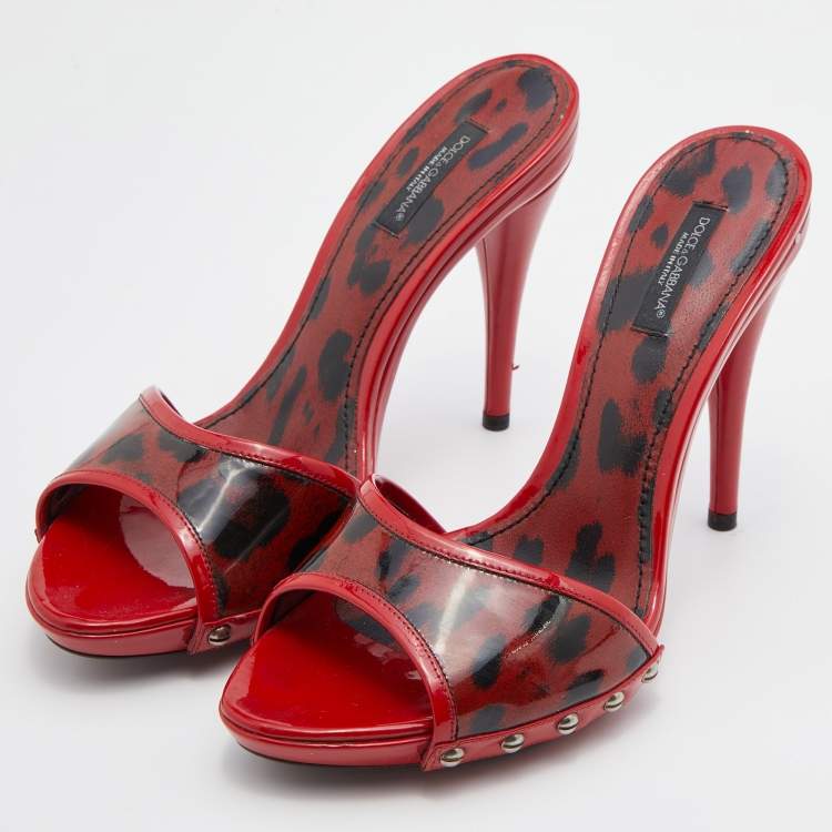 Pre Owned Dolce & Gabbana Red Leopard Print Patent Leather Platform Slide Sandals Size 39
