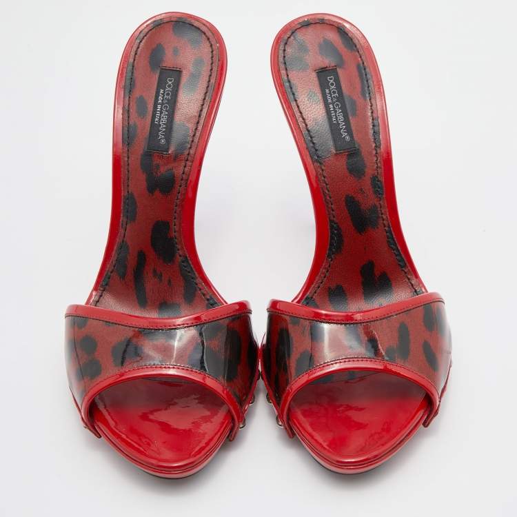 Pre Owned Dolce & Gabbana Red Leopard Print Patent Leather Platform Slide Sandals Size 39