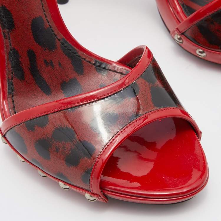 Pre Owned Dolce & Gabbana Red Leopard Print Patent Leather Platform Slide Sandals Size 39