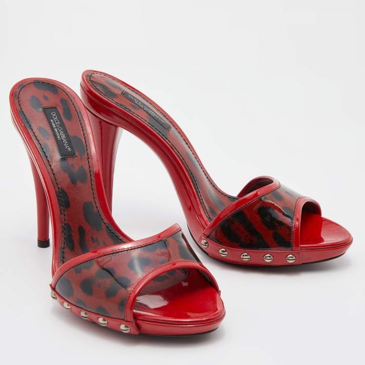 Pre Owned Dolce & Gabbana Red Leopard Print Patent Leather Platform Slide Sandals Size 39